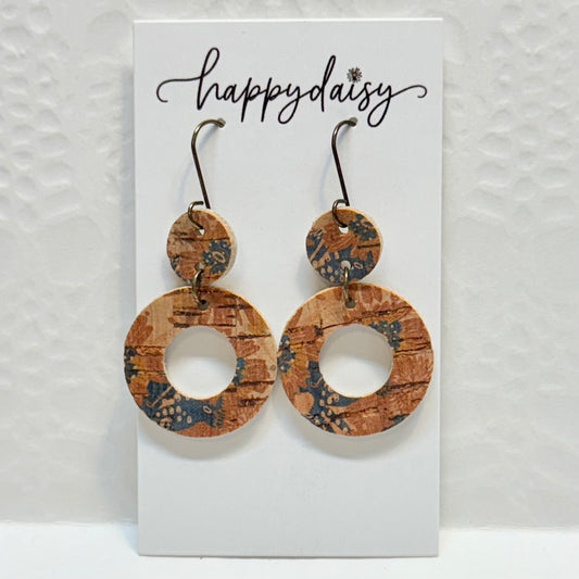 Fall Floral Print Brown Navy Cork on Leather Halo Earrings
