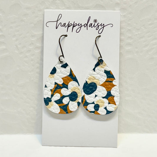Fall Floral Print Navy Brown Leather Teardrop Earrings