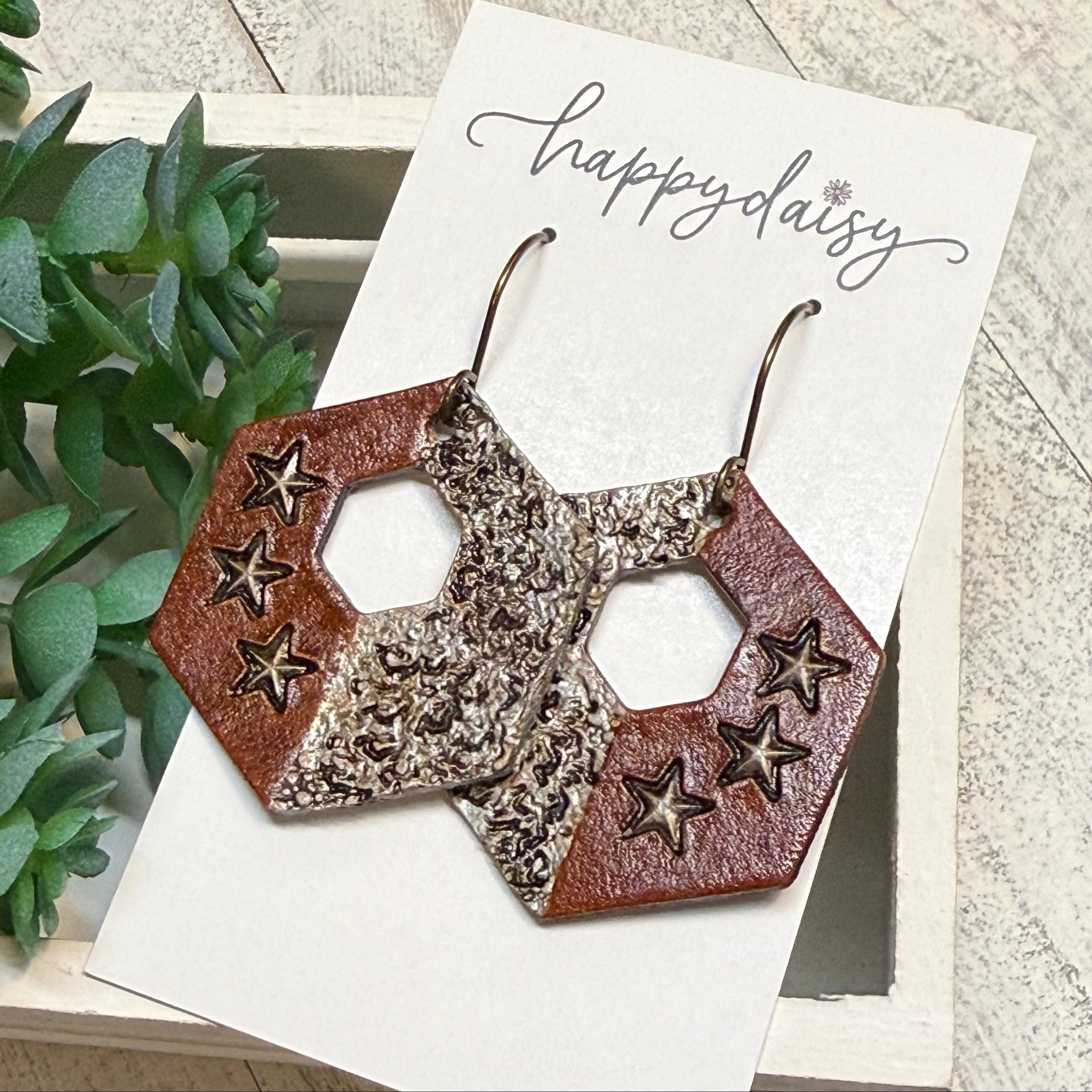 Rustic Star Hand Tooled Hexy Earrings