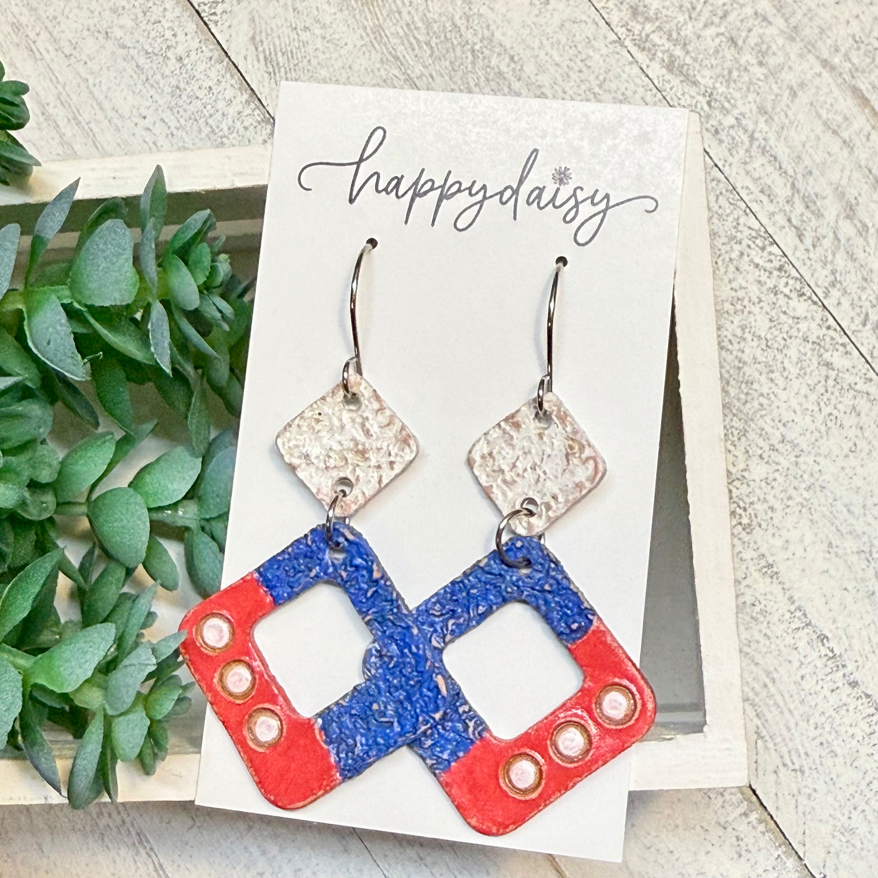 Red White & Blue Hand Tooled Earrings
