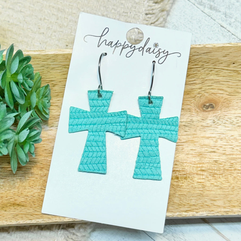 Embossed Italian Leather Cross Earrings