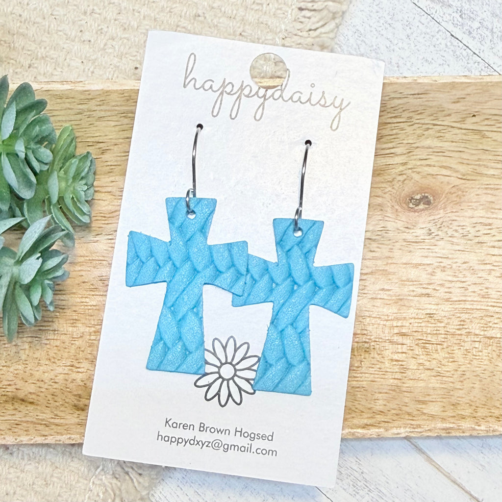 Embossed Italian Leather Cross Earrings