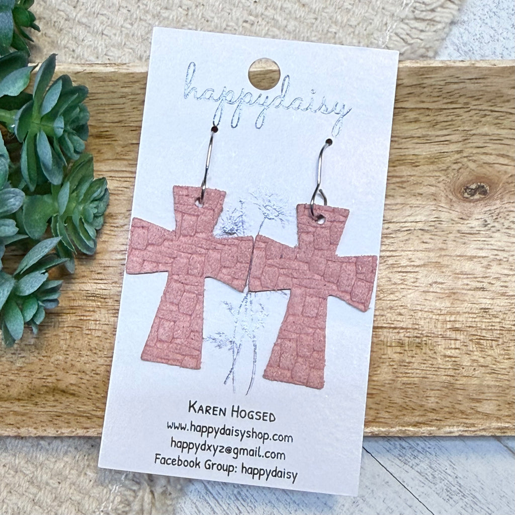 Embossed Italian Leather Cross Earrings