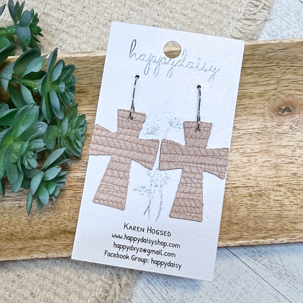 Embossed Italian Leather Cross Earrings