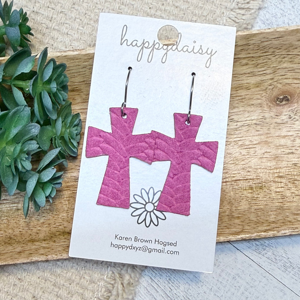Embossed Italian Leather Cross Earrings