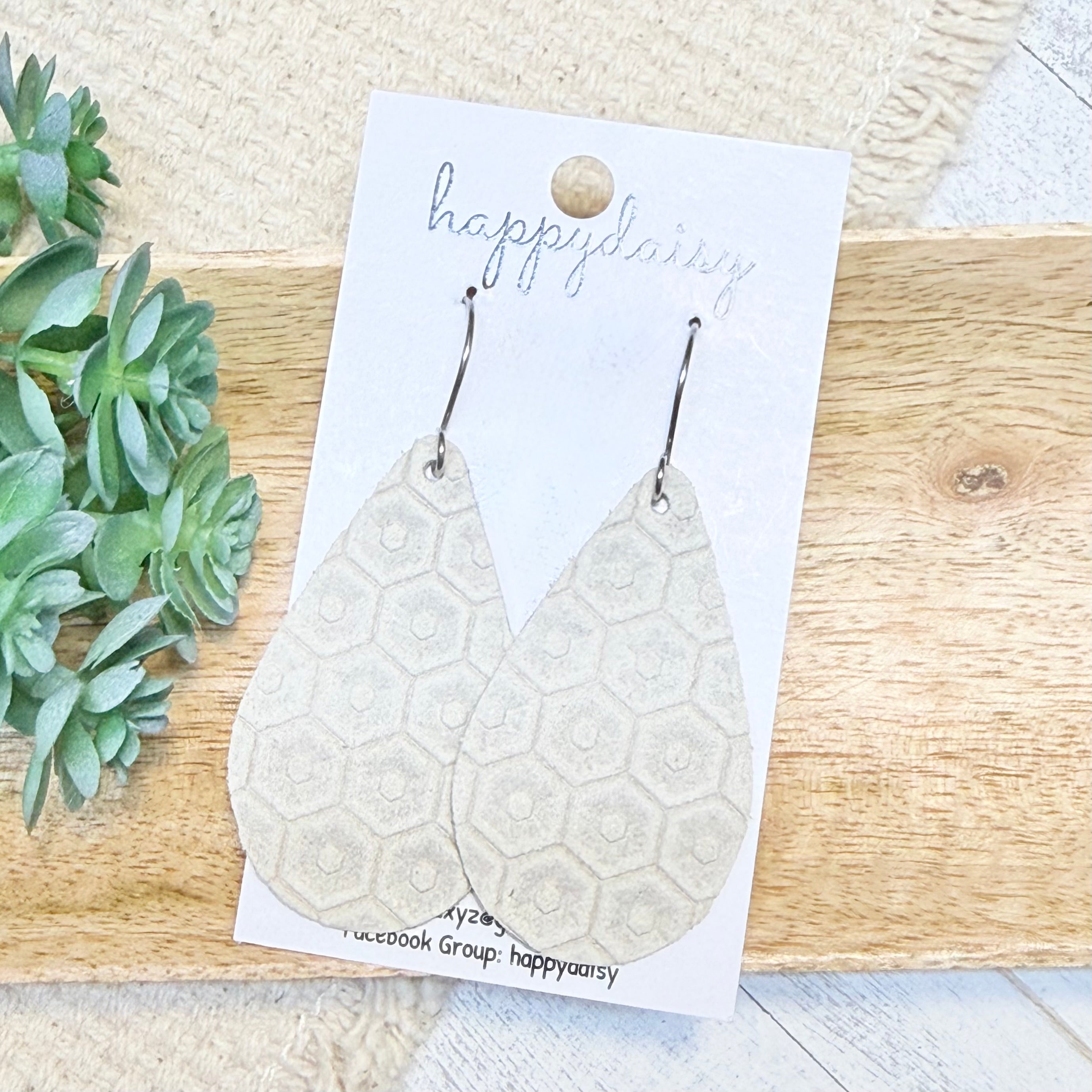 Ivory Hex Embossed Suede 2" Teardrop Earrings