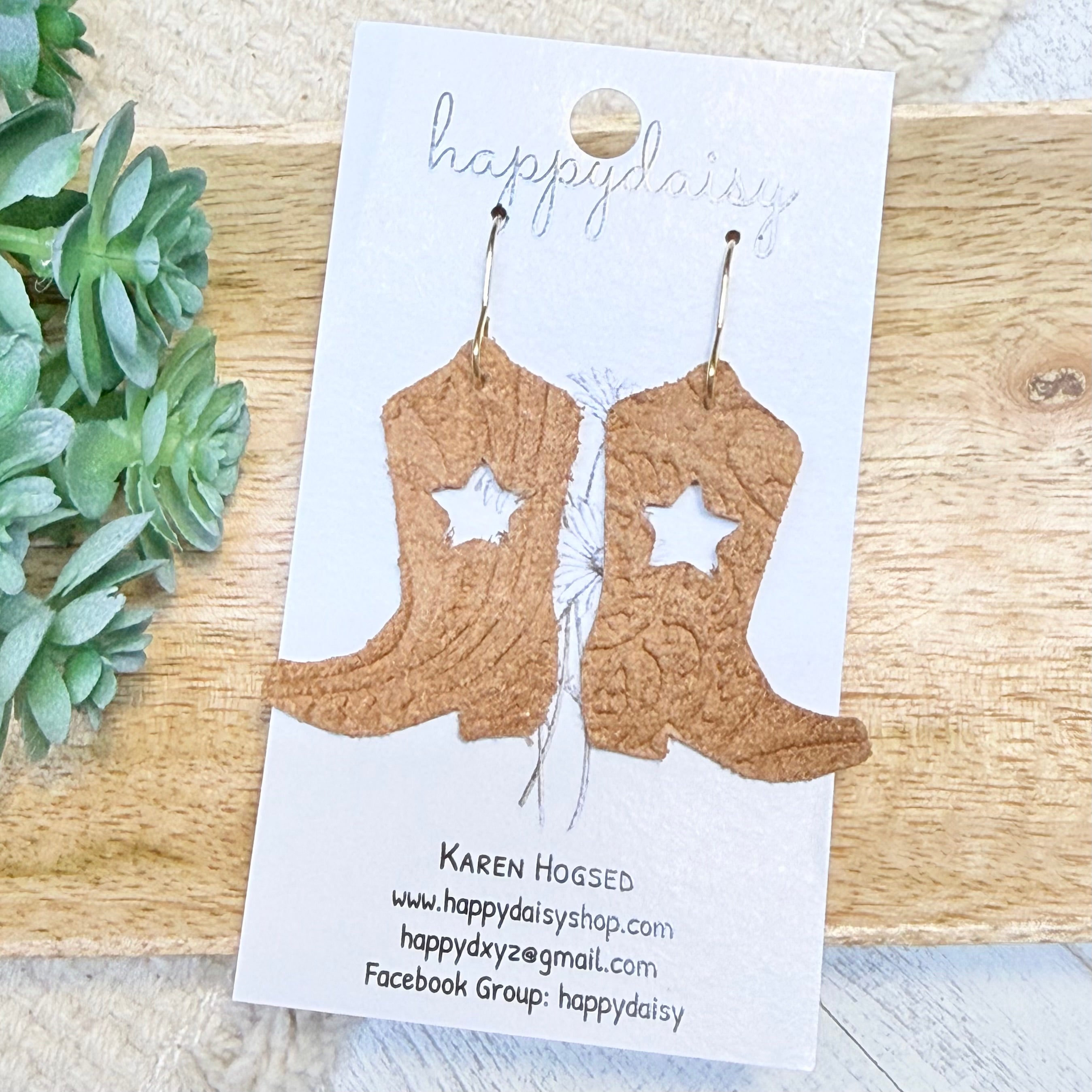 Tan Embossed Suede Western Star Boot Earrings