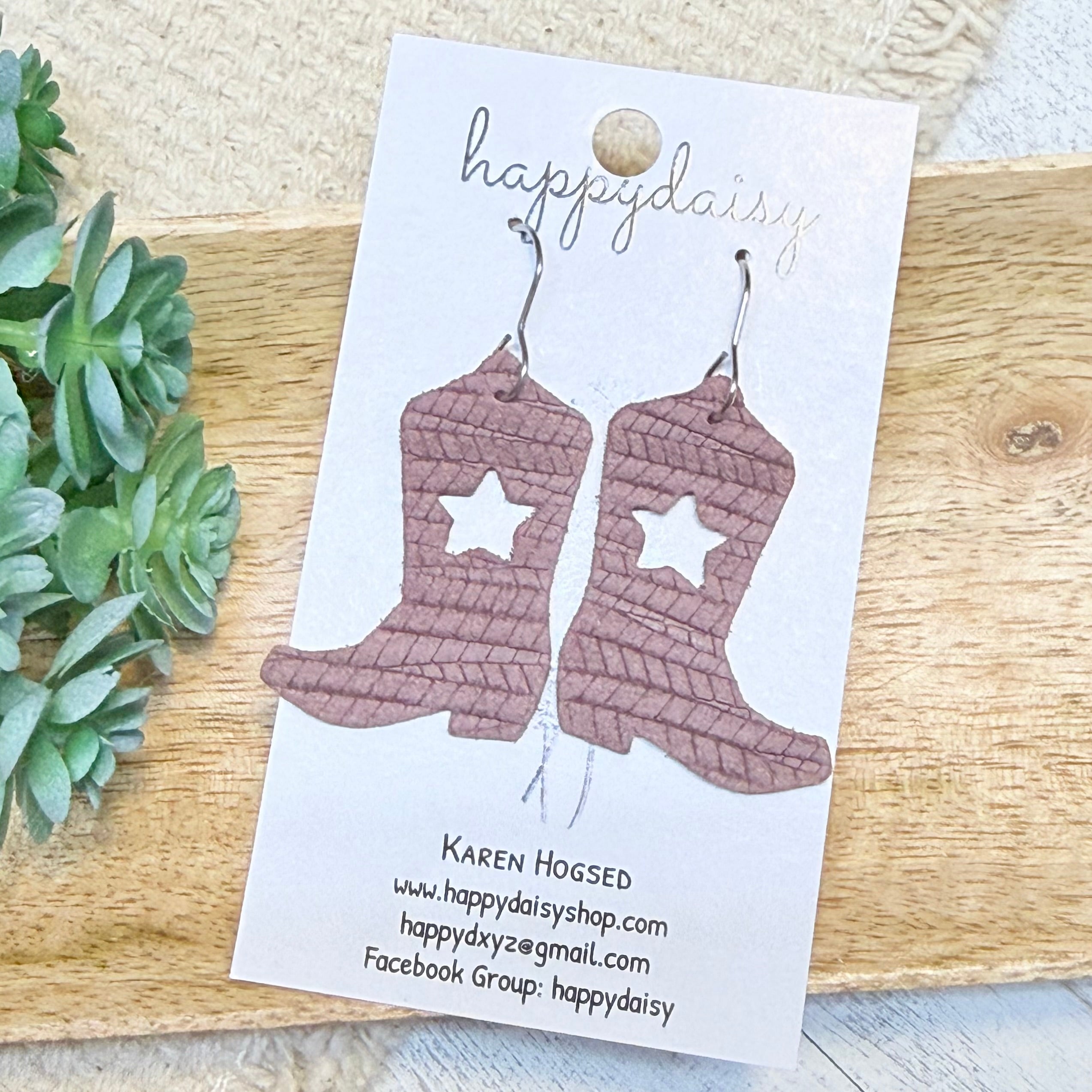 Mocha Embossed Suede Western Star Boot Earrings