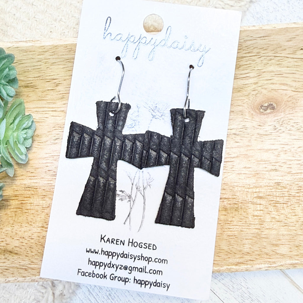 Embossed Italian Leather Cross Earrings