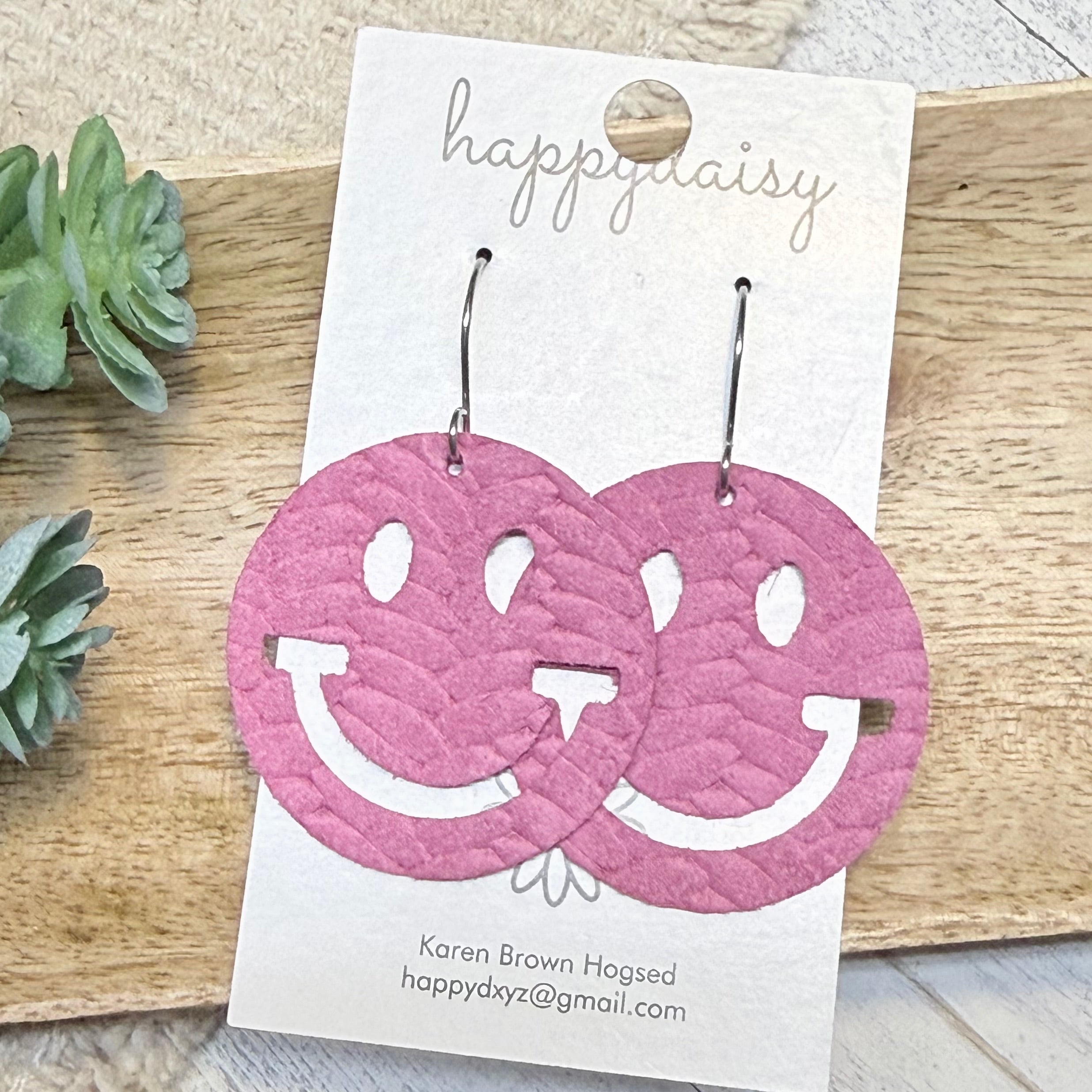 Soft Berry Embossed Suede Happy Face Earrings