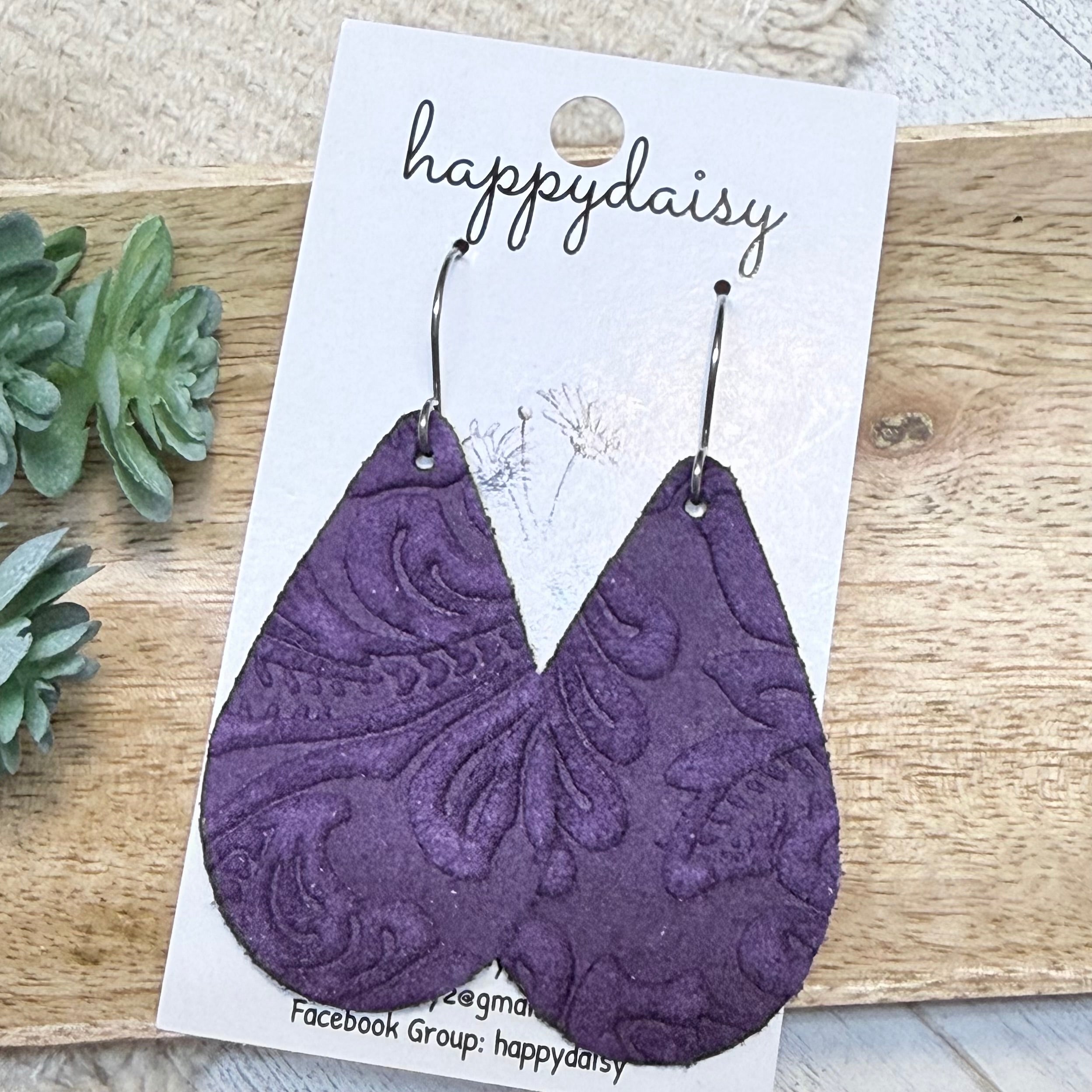 Purple Embossed Suede 2" Teardrop Earrings