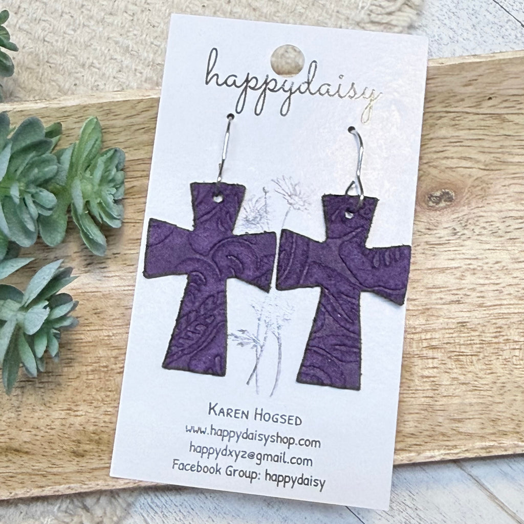 Embossed Italian Leather Cross Earrings