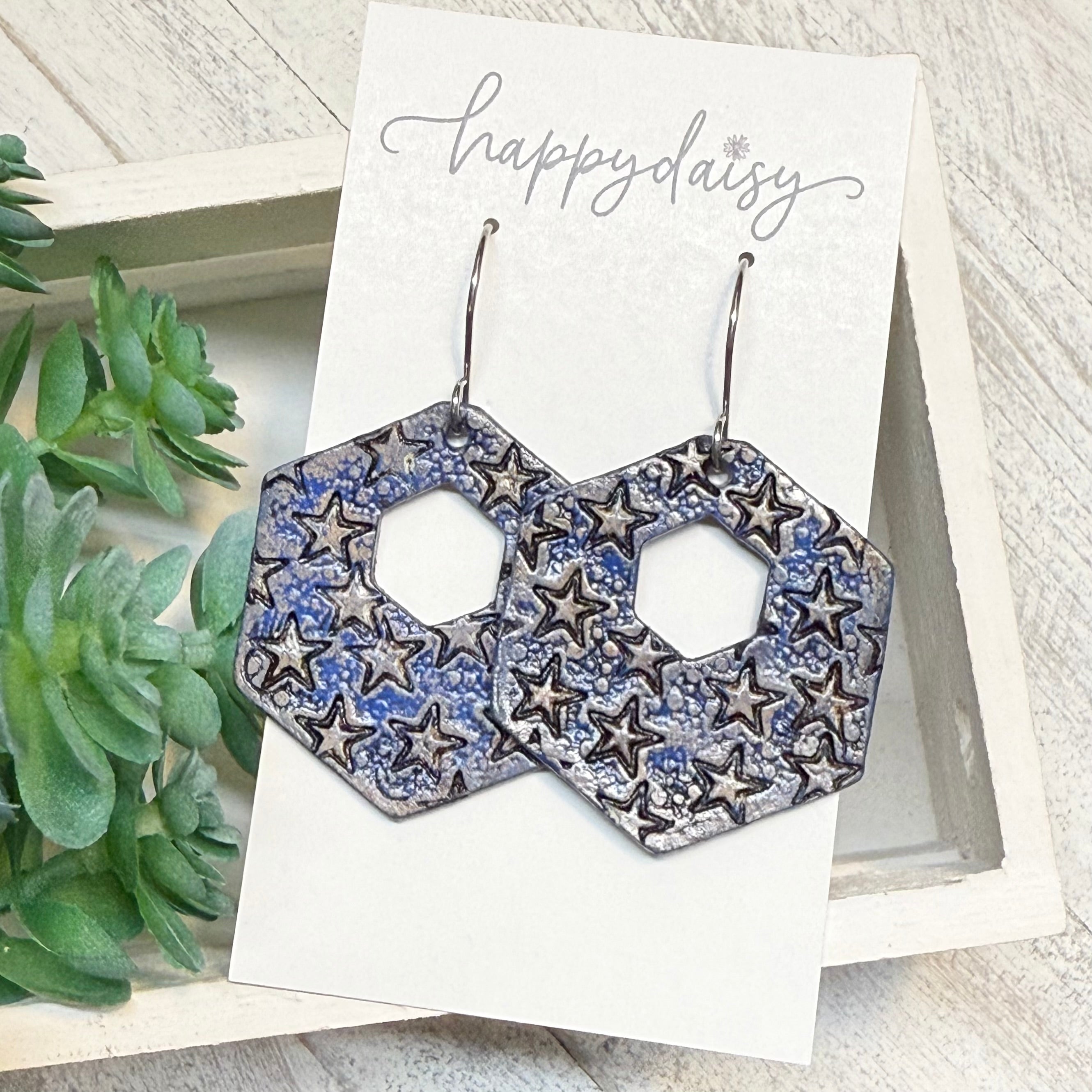 Hand Stamped Stars Hand Tooled Hexy Earrings