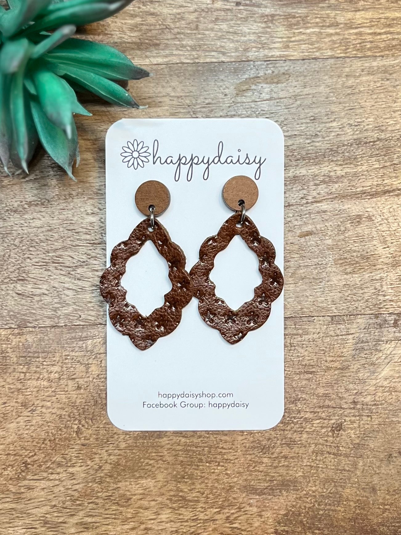 Star Embossed "Savannah" Brown Leather Earrings