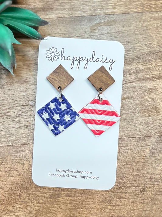 Patriotic Stars and Stripes "Jimmie" Cork on Leather Earrings