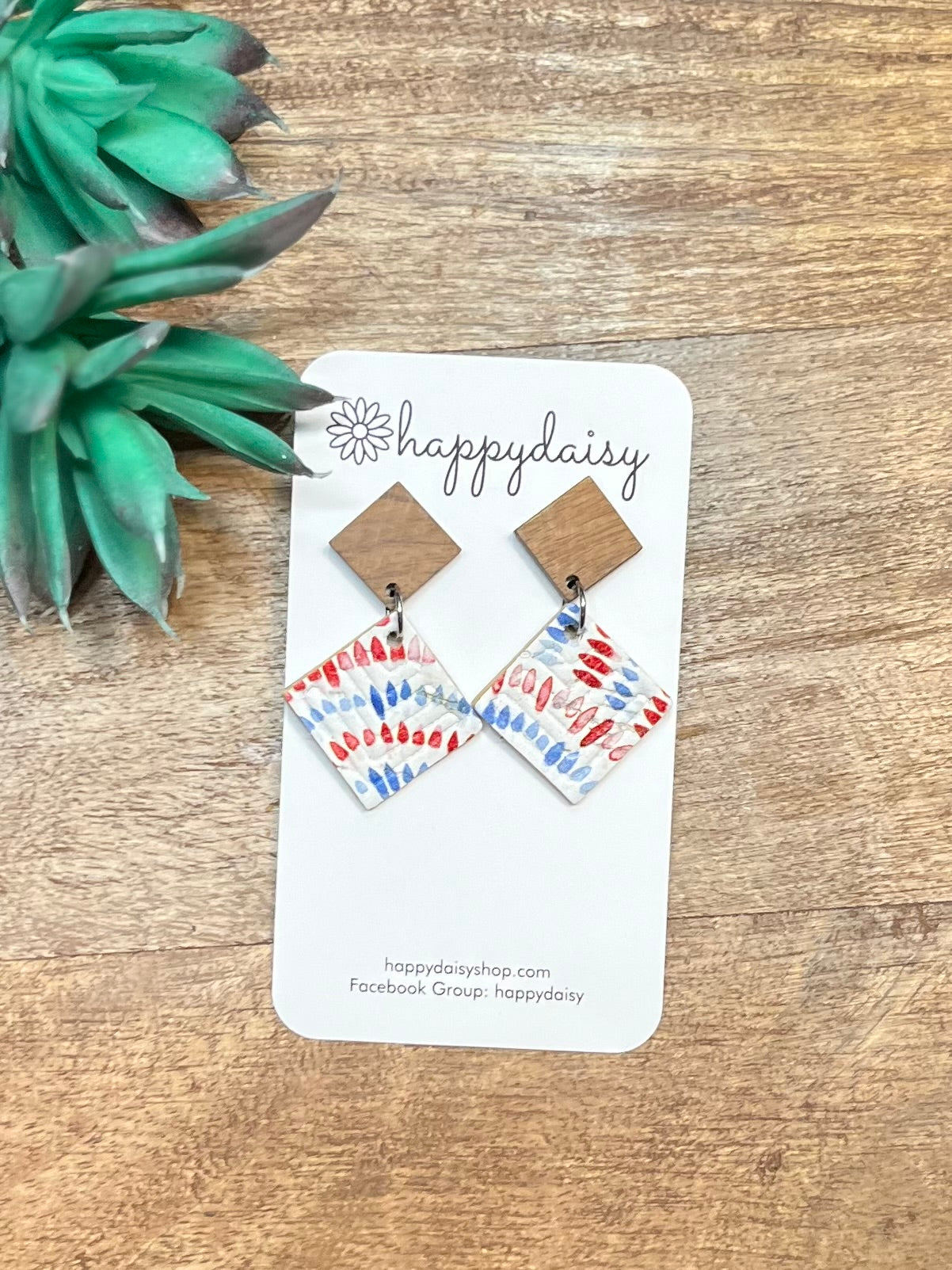 Patriotic Red White and Blue Tie Dye Print "Jimmie" Cork on Leather Earrings