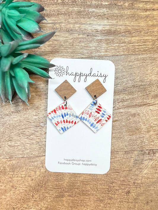 Patriotic Red White and Blue Tie Dye Print "Jimmie" Cork on Leather Earrings