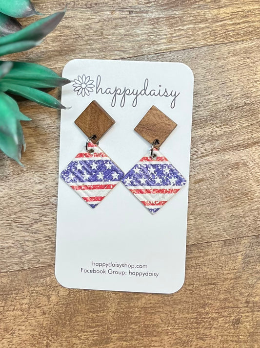 Patriotic Distressed-Look Stars and Stripes "Jimmie" Cork on Leather Earrings