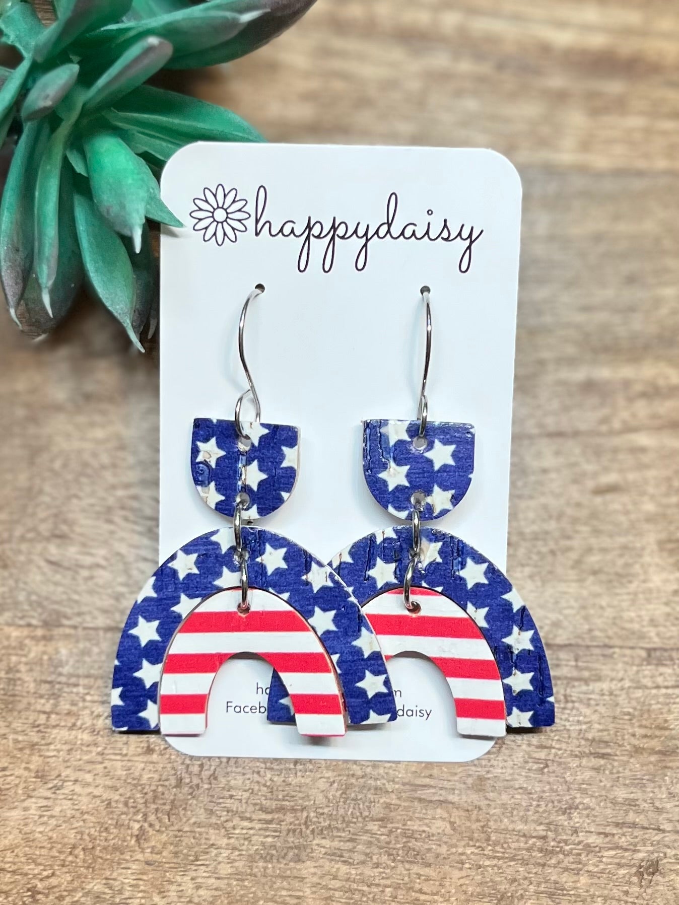 Patriotic Stars and Stripes Print Double Arch COL Leather Earrings with COL Connectors