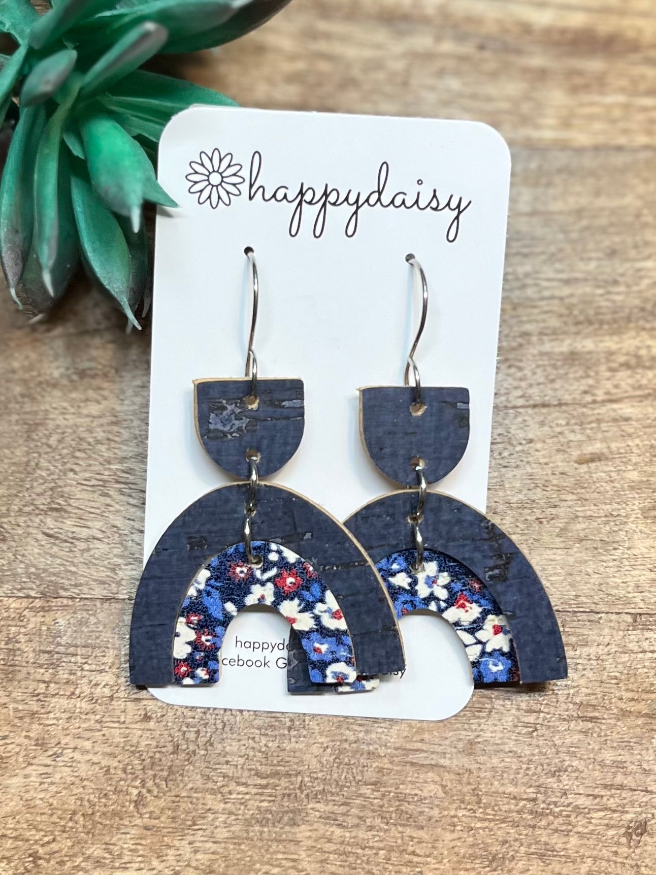 Floral Print Red White and Blue Double Arch Cork on Leather Earrings