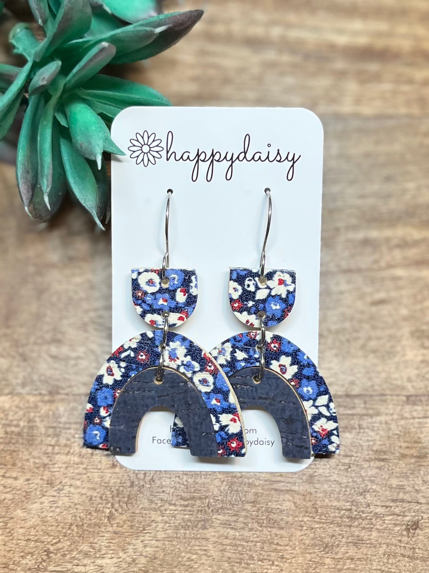 Floral Print Red White and Blue Double Arch Cork on Leather Earrings