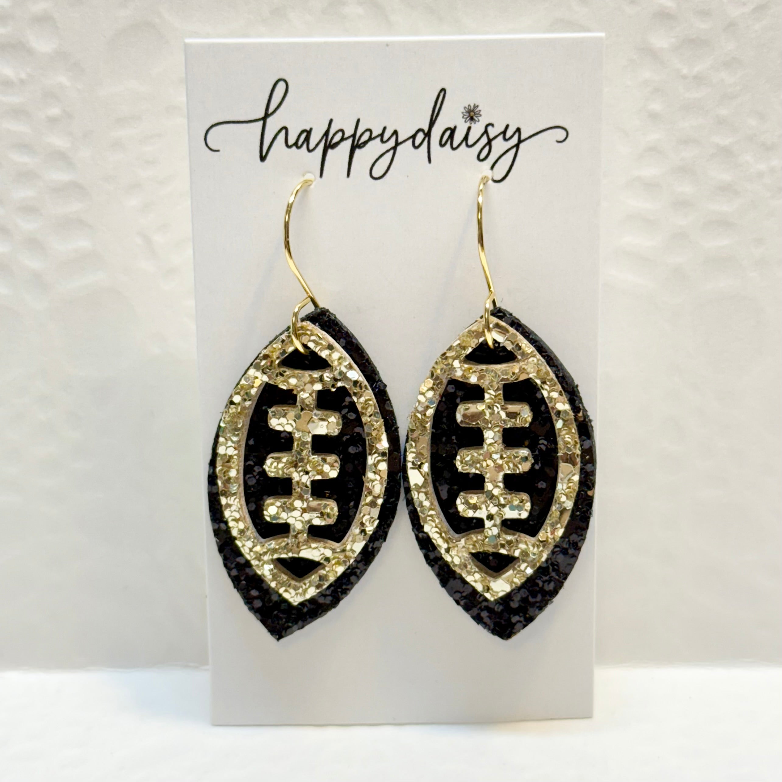 Football Black & Gold Gliltter on Leather Earrings