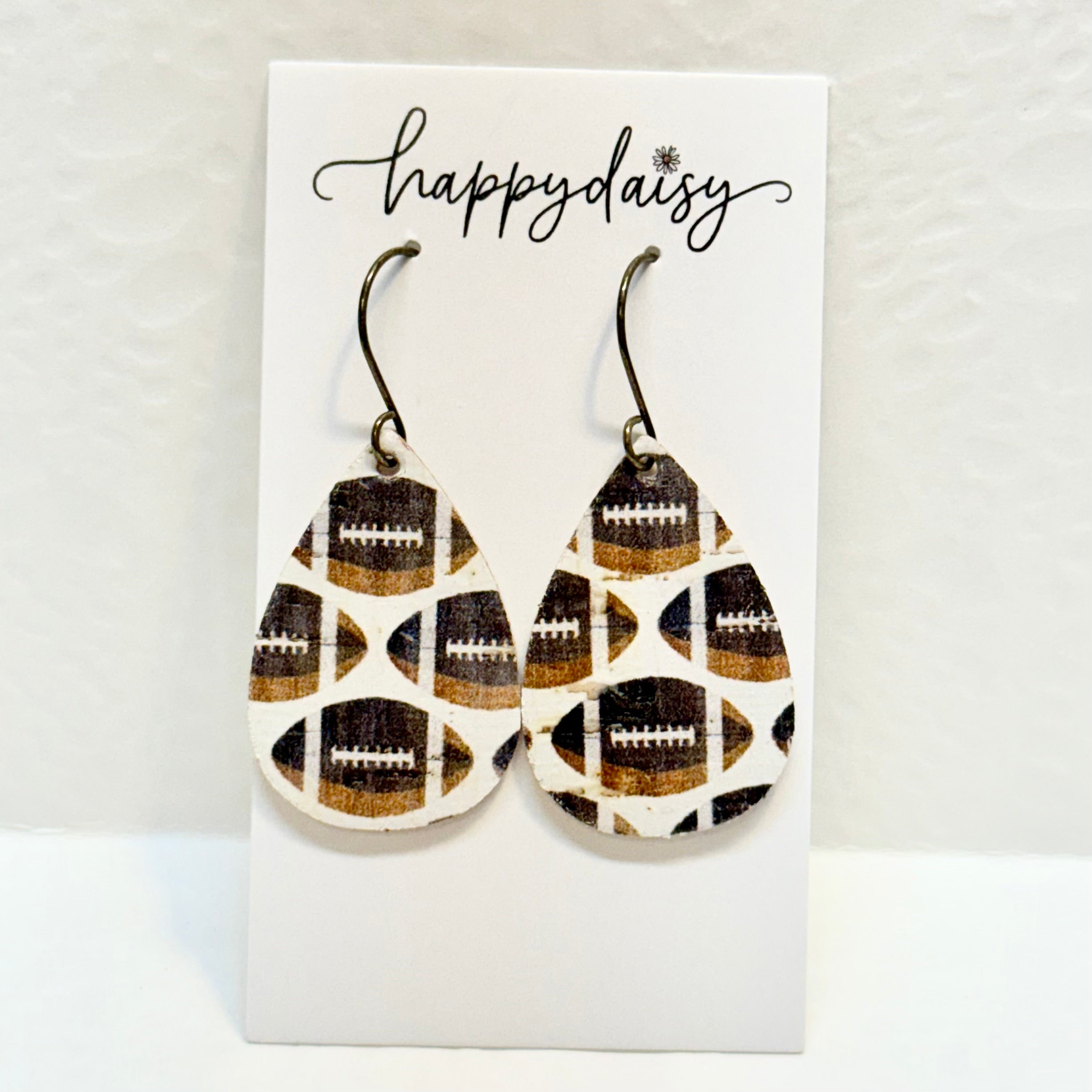 Football Print Cork on Leather Teardrop Earrings