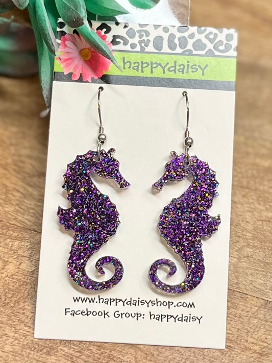 Seahorse Earrings - Purple w/ Multicolor Glitter Acrylic