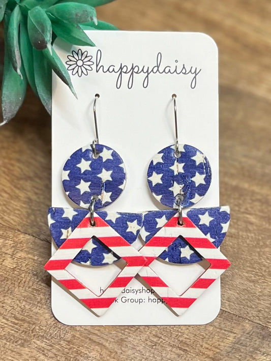 Patriotic Stars and Stripes Geometric Cork on Leather Earrings