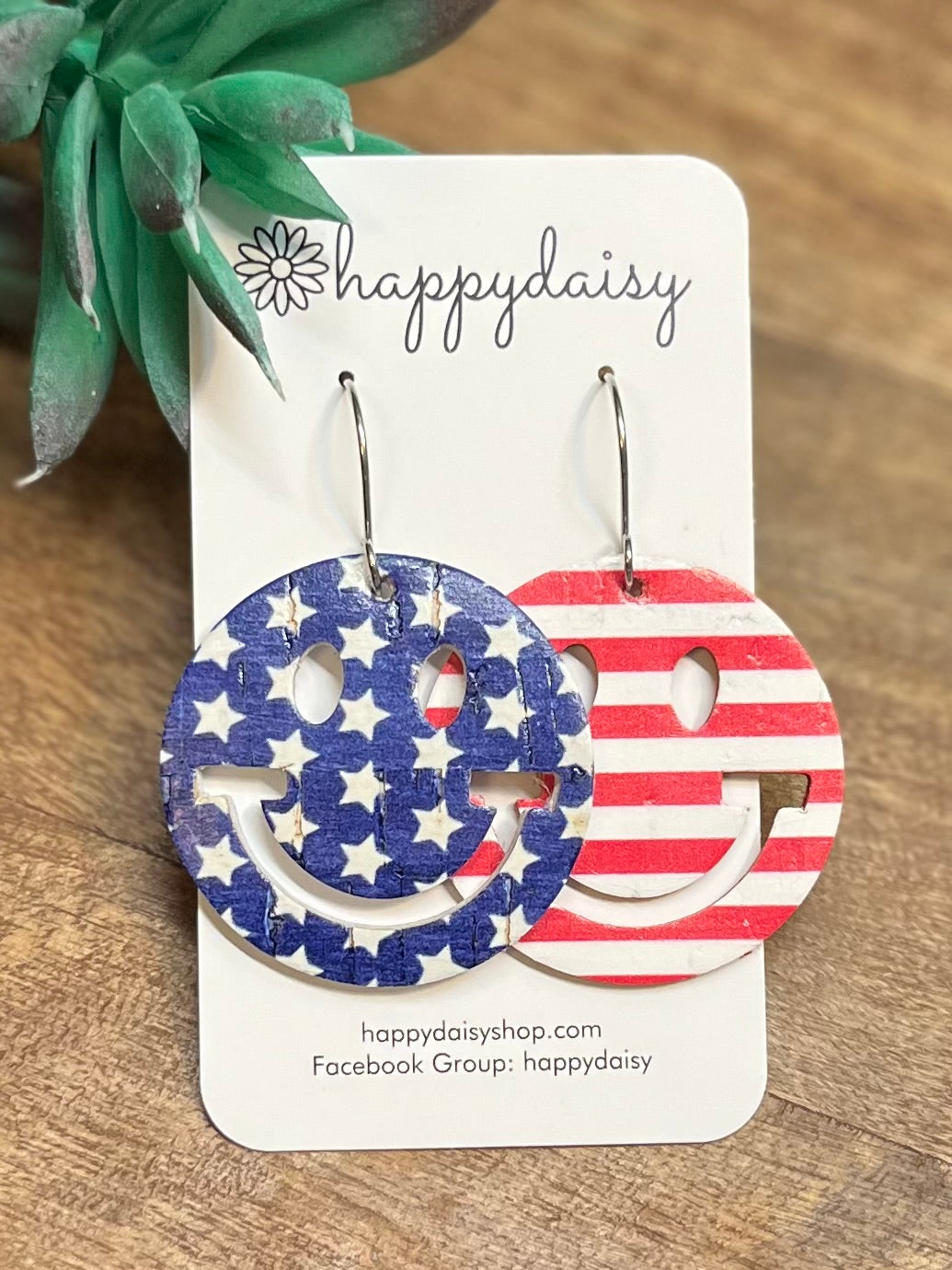 Patriotic Stars and Stripes Print "Happy" COL Leather Earrings