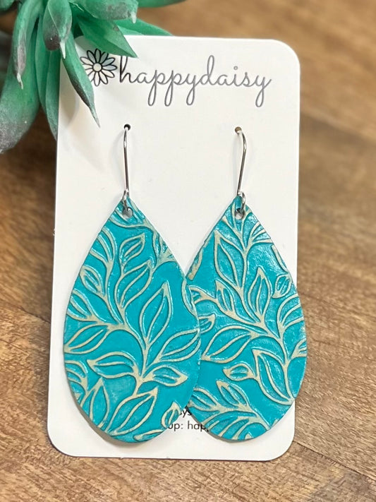 Turquoise Embossed and Lightly Distressed Teardrop Leather Earrings 2 1/2"