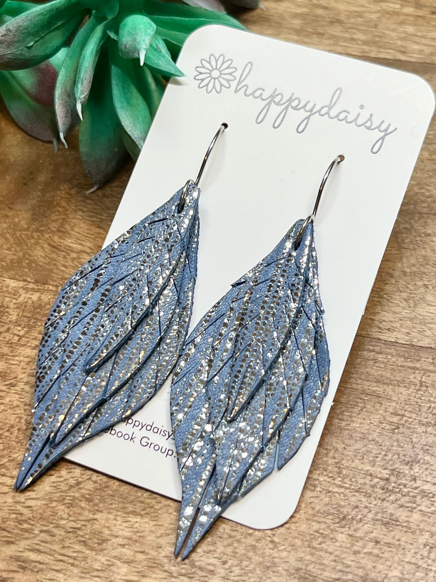 Blue with Metallic Leather 3 Layer Fringed Feather Earrings