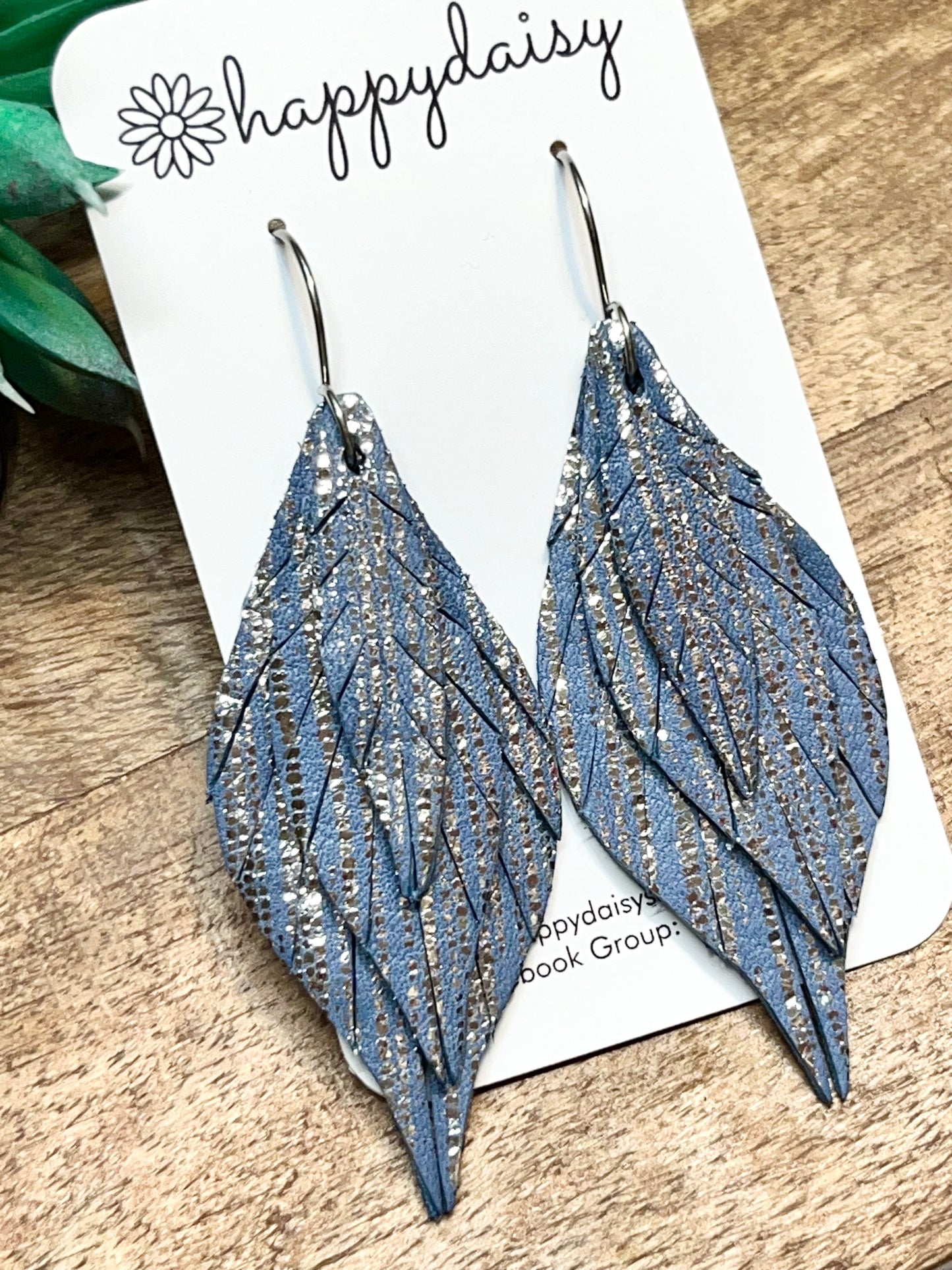 Blue with Metallic Leather 3 Layer Fringed Feather Earrings