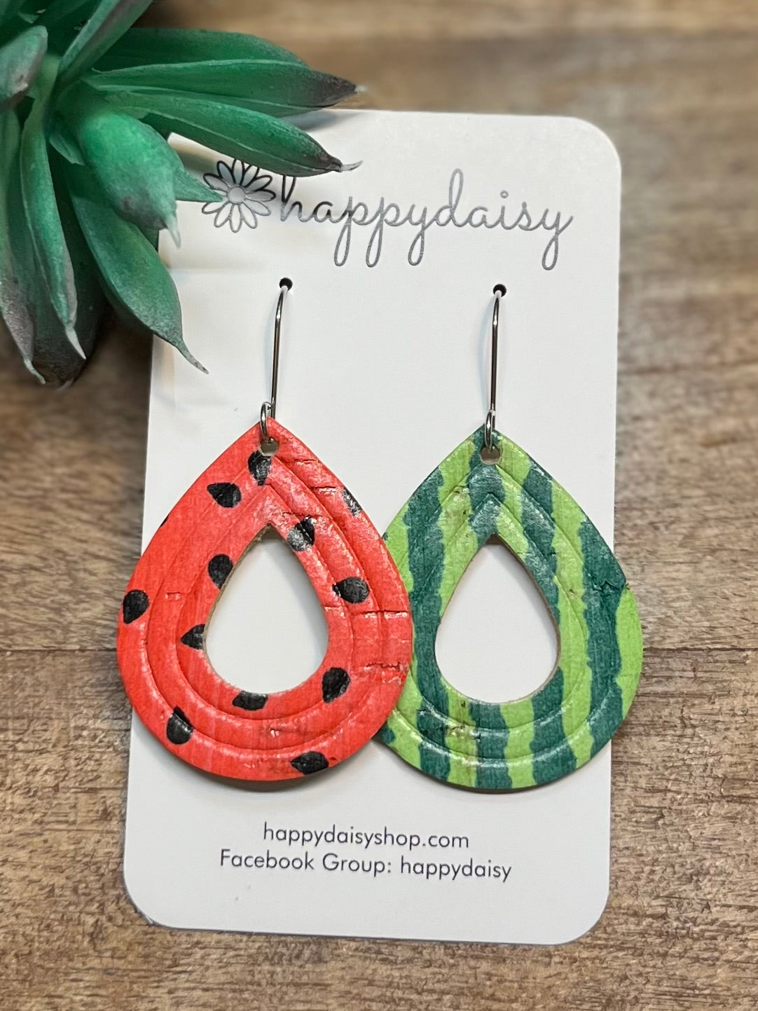 Watermelon Print Teardrop Earrings with Leather Backing