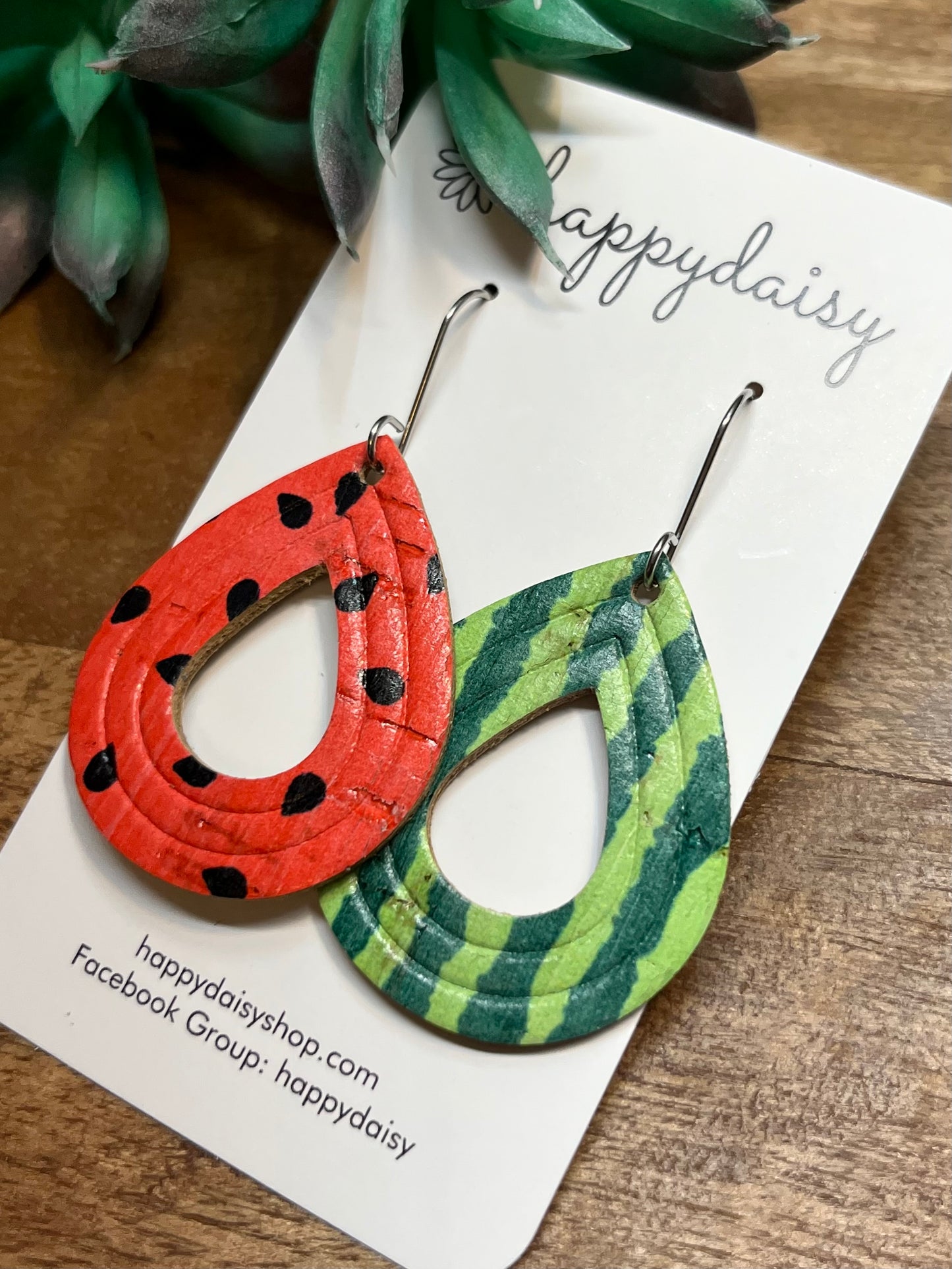 Watermelon Print Teardrop Earrings with Leather Backing