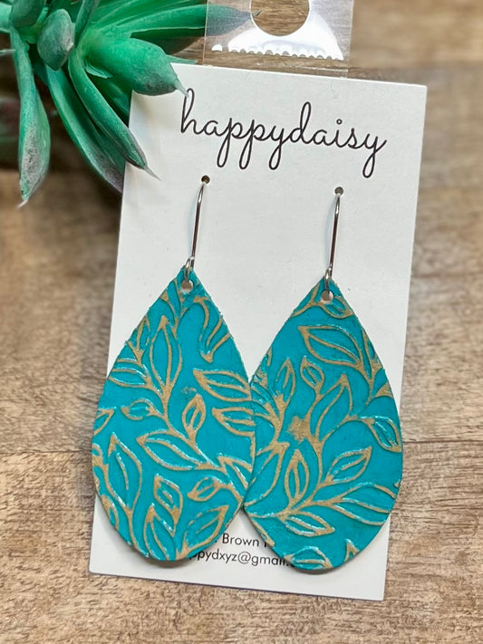 Turquoise Embossed and Distressed Teardrop Leather Earrings 2 1/2"