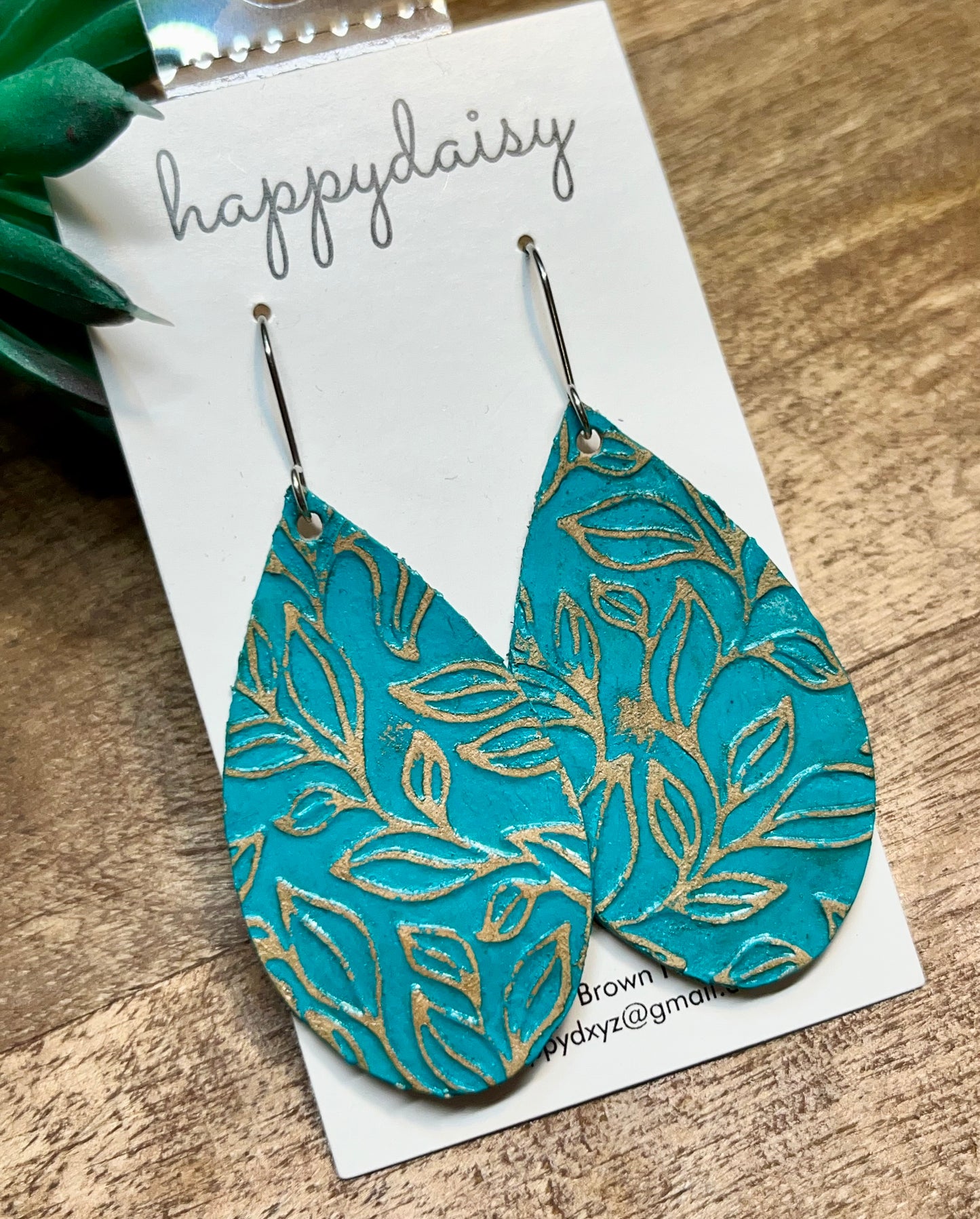 Turquoise Embossed and Distressed Teardrop Leather Earrings 2 1/2"