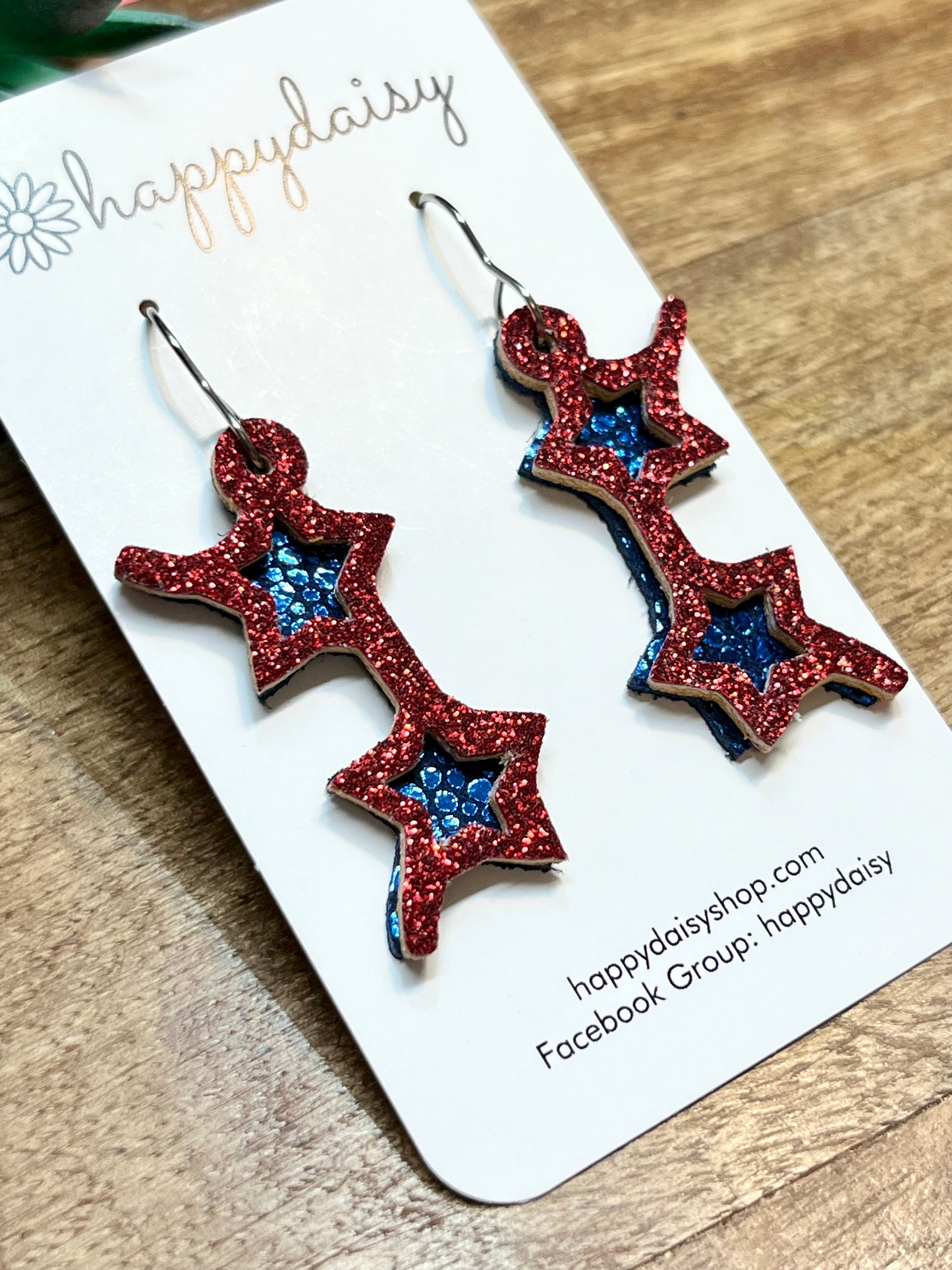 Summer Sunglass Earrings in Red Glitter and Blue Metallic Leather