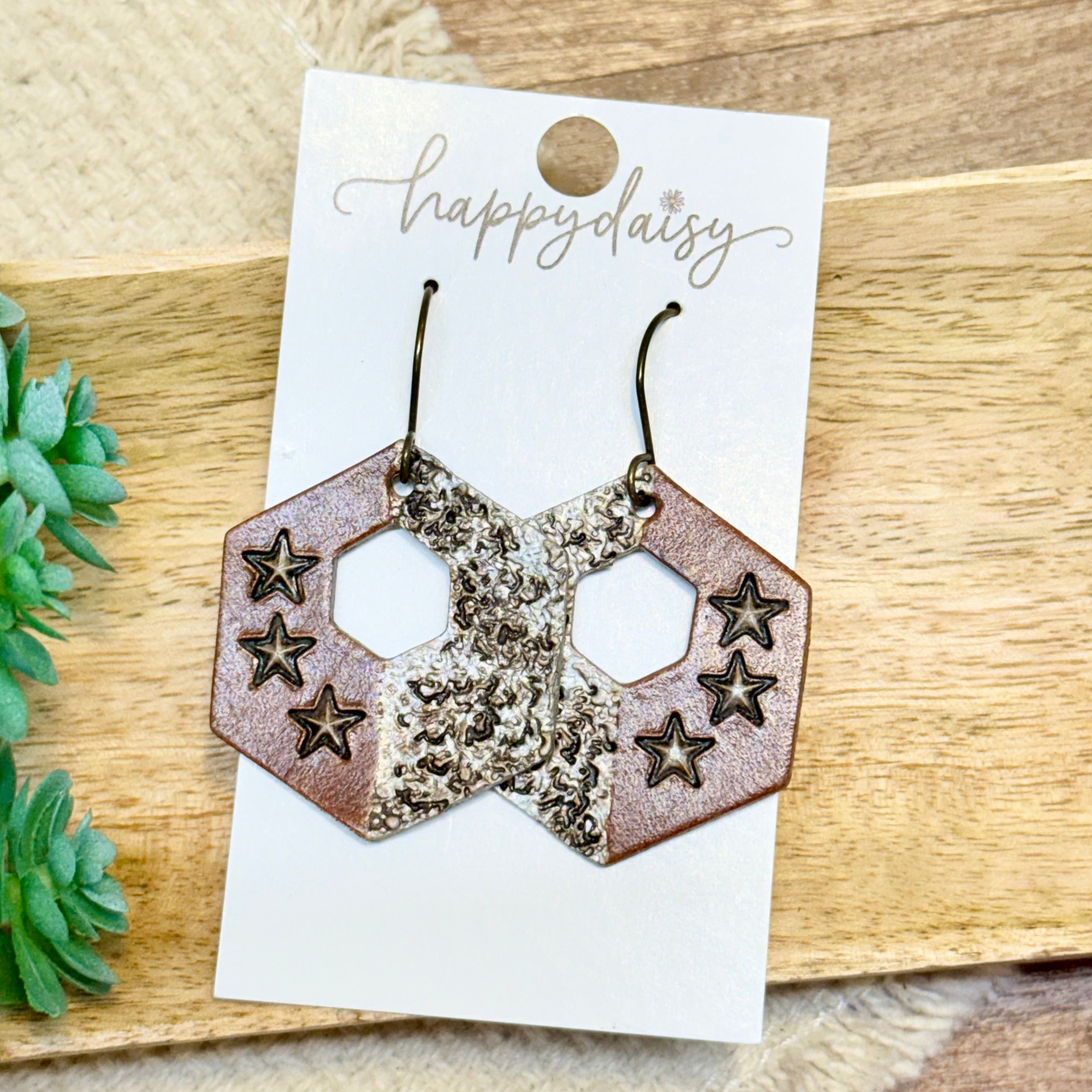 Rustic Star Hand Tooled Hexy Earrings
