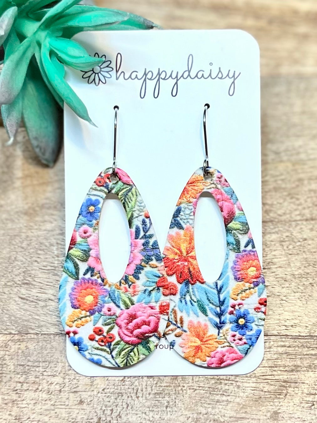 Folk Floral Embroidery Look Cork on Leather "Jessie" Earrings