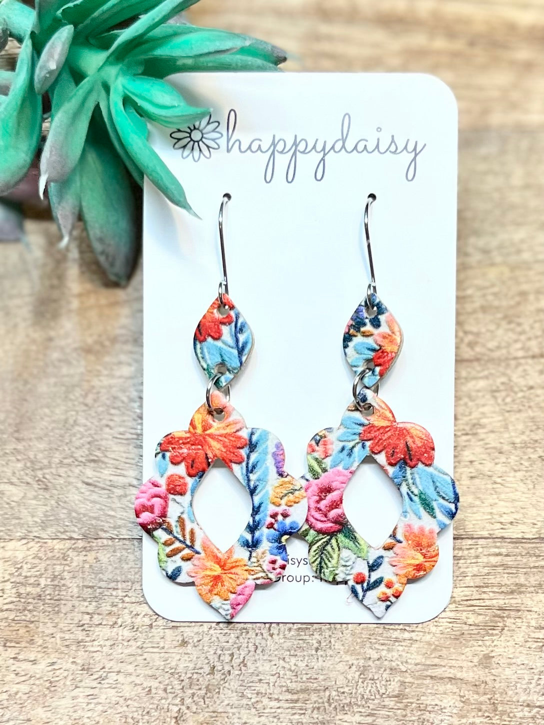 Folk Floral Embroidery Look Cork on Leather "Krystal" Earrings