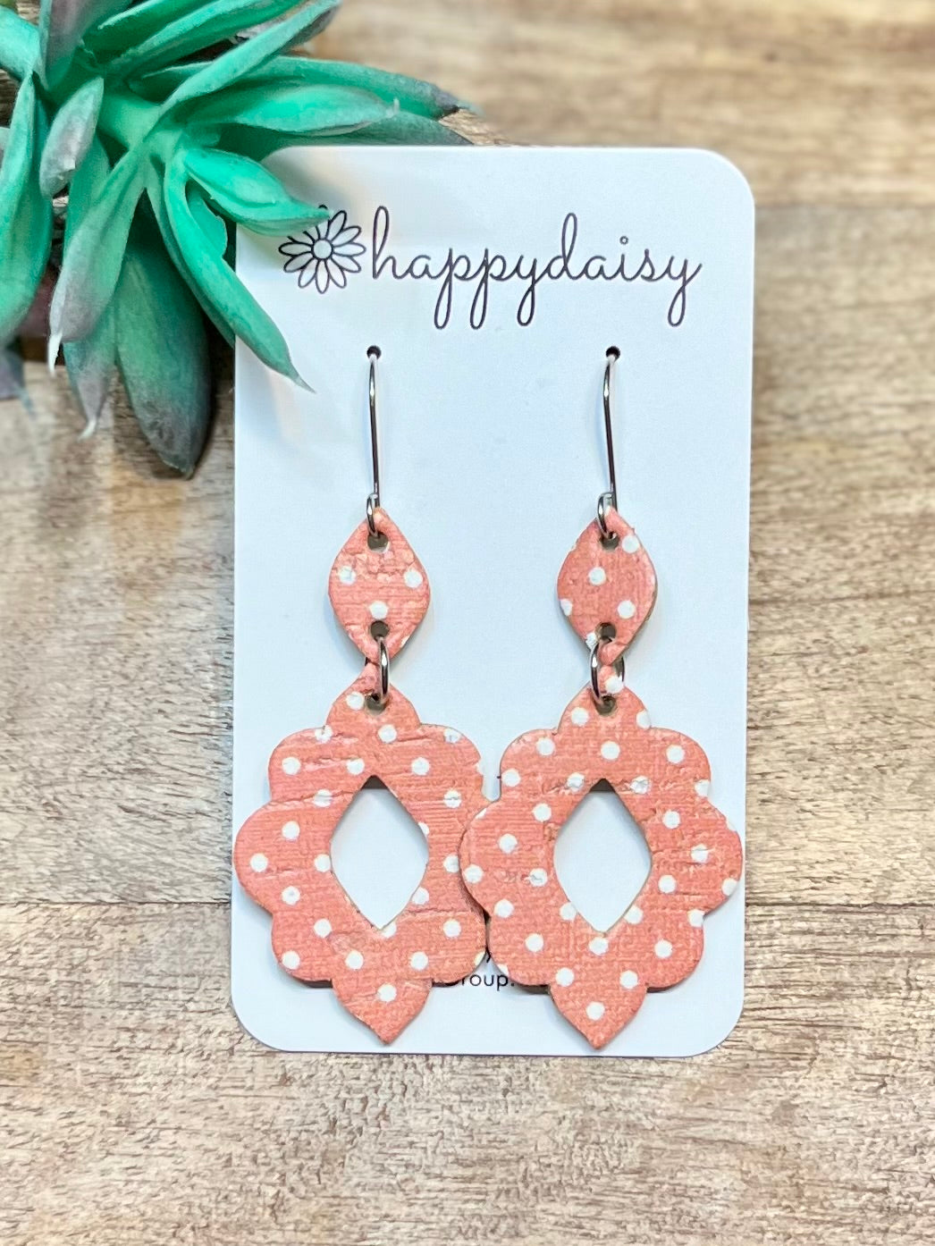 Peach with White Polka Dots Cork on Leather "Krystal" Earrings