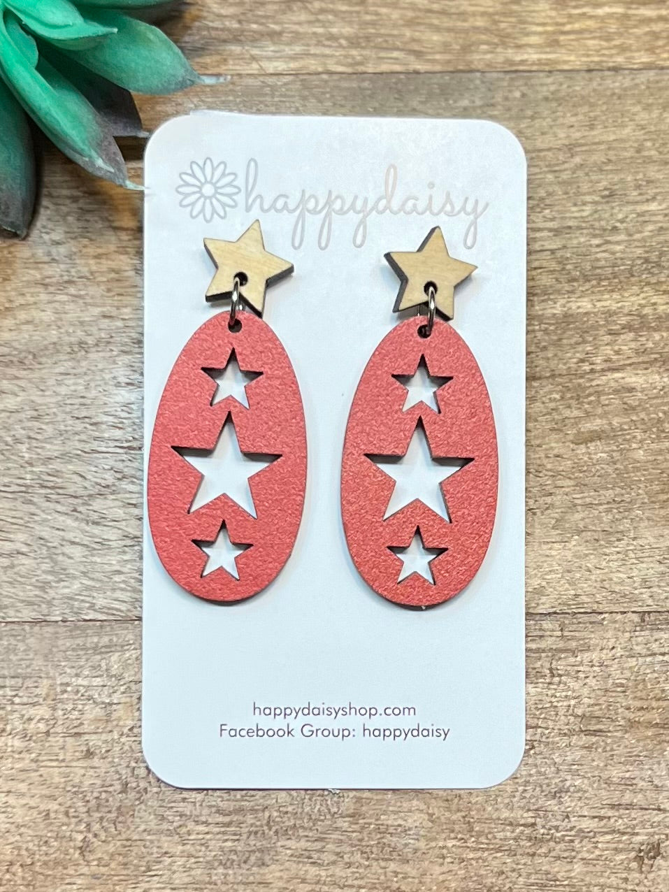 Red Wood Earrings with Star Cutouts and Star Stud Toppers