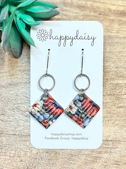 Floral Print Red White and Blue "Jimmie" Cork on Leather Earrings