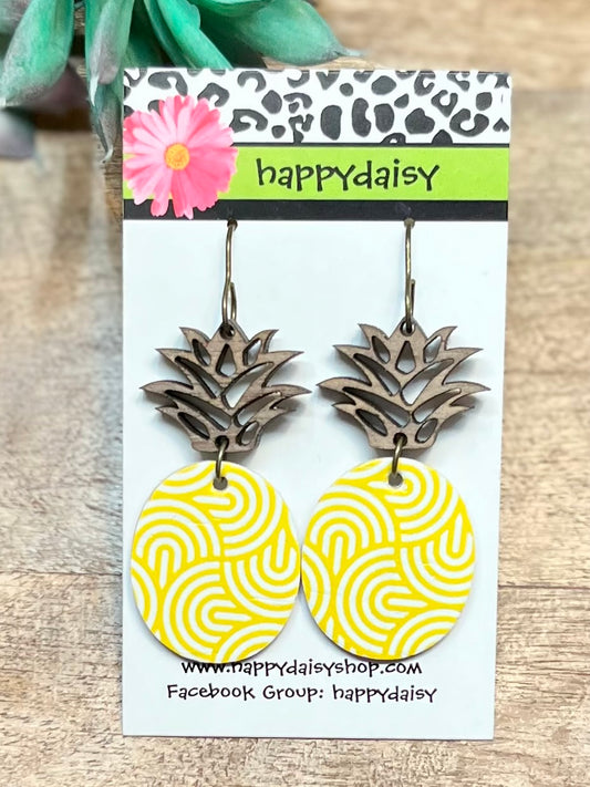 Pineapple Yellow and White Cork on Leather Summer Earrings - Wood Topper