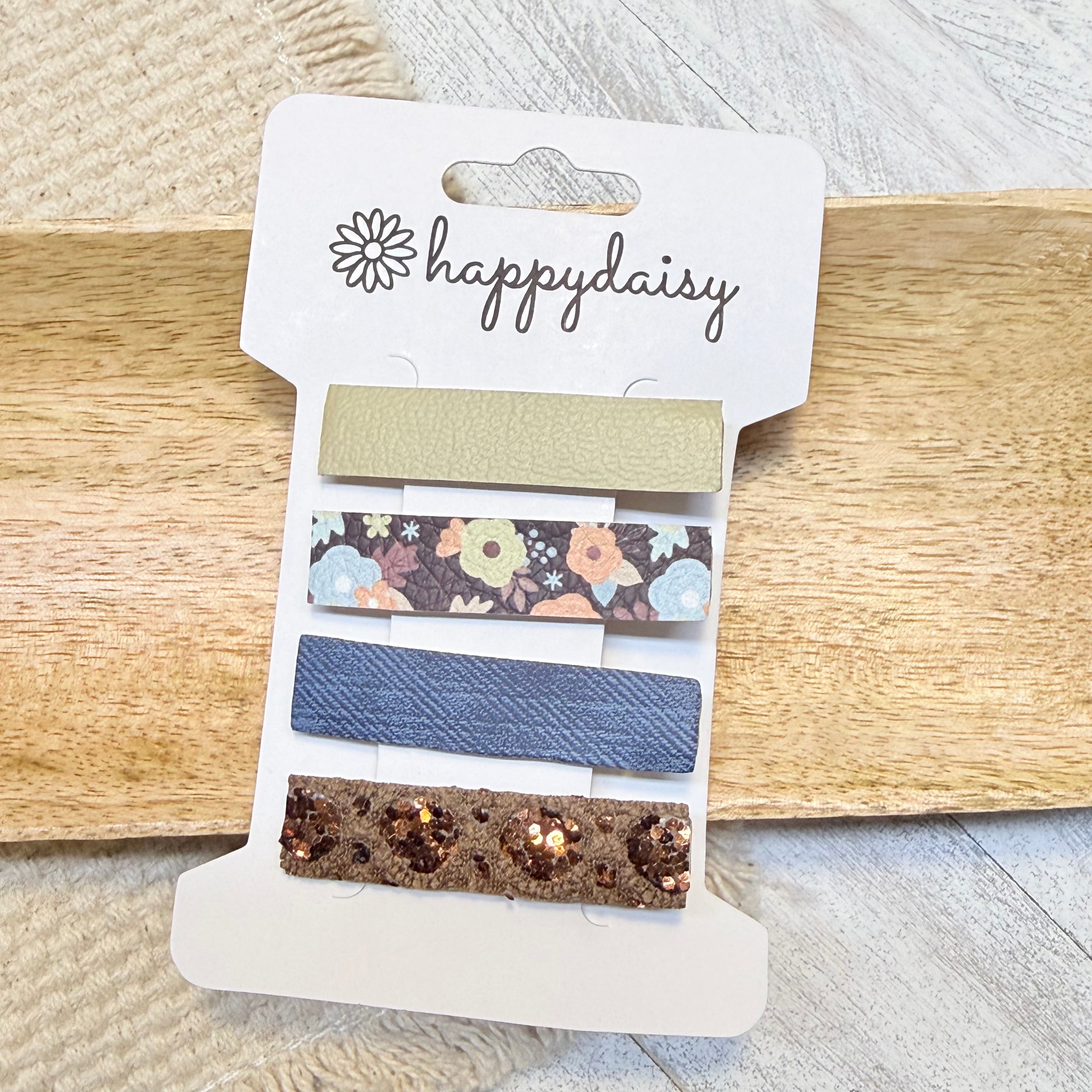 Neutral Denim & Brown Floral Hair Clip Set 1.75"