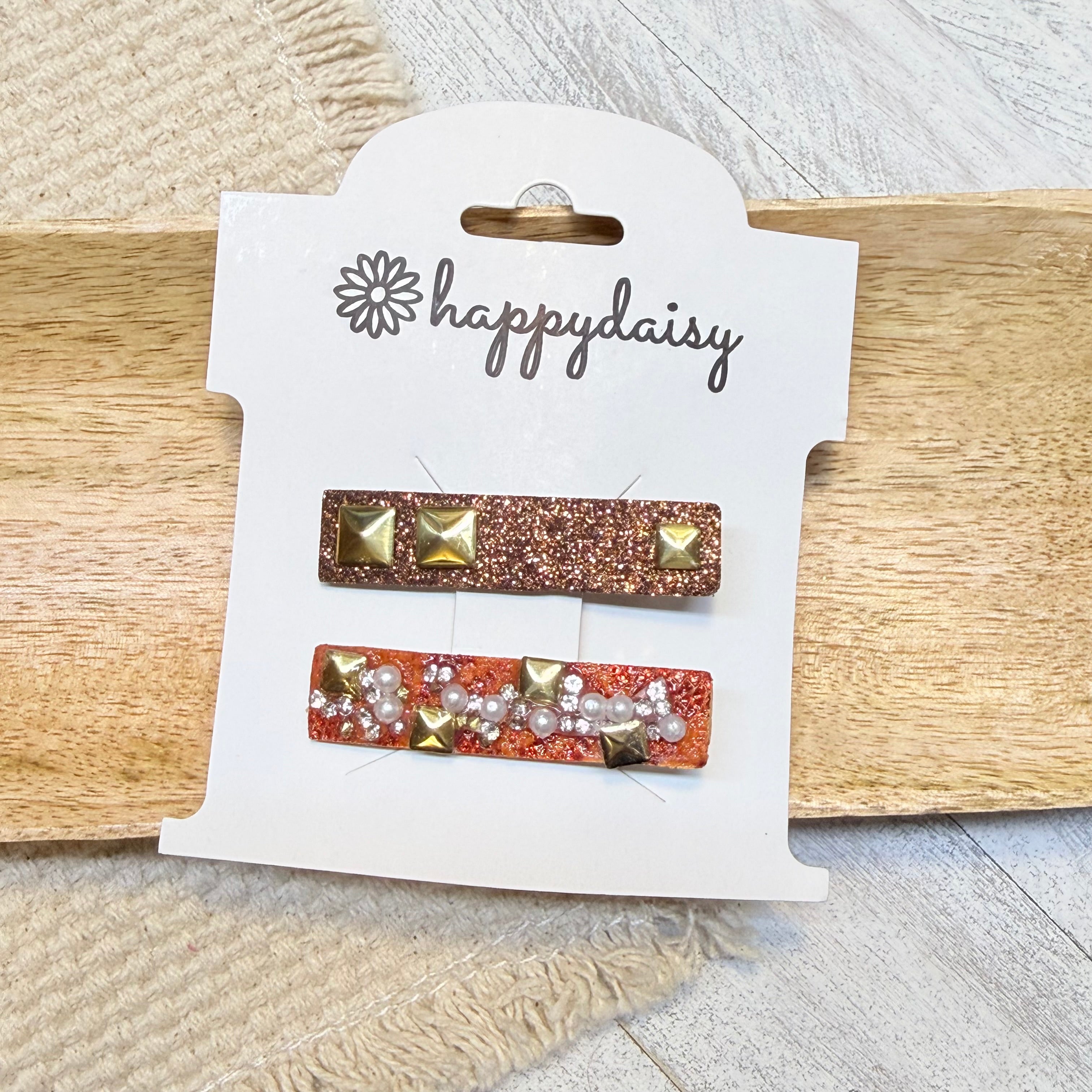 Copper Glitter & Orange Pearl Hair Clip Set 1.75"