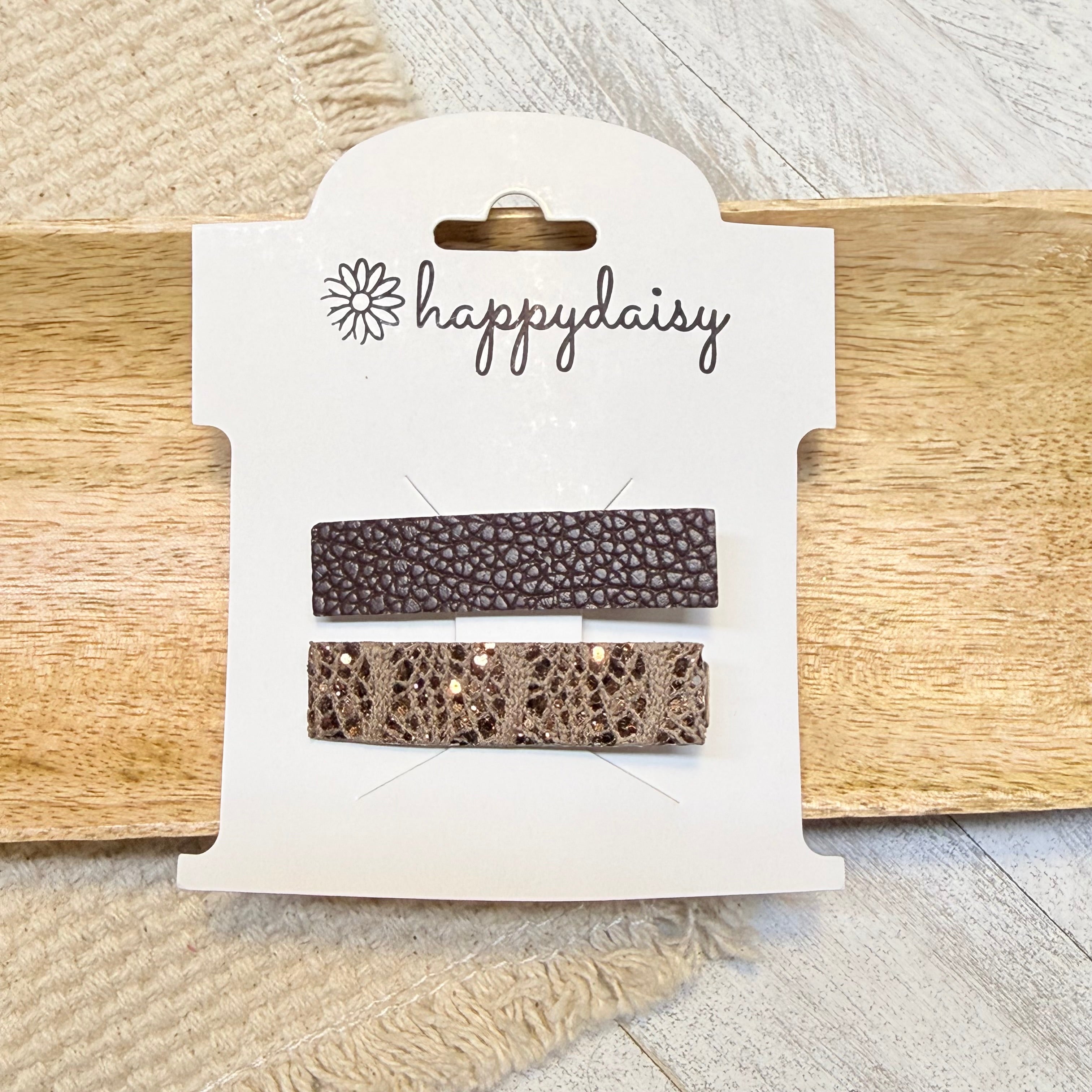 Brown & Netted Glitter Hair Clip Set 1.75"