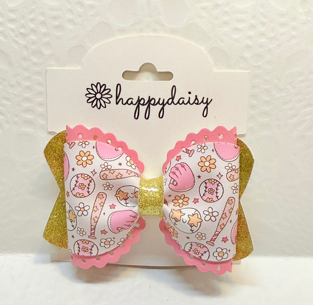 Pink & Gold Softball Bow 3"