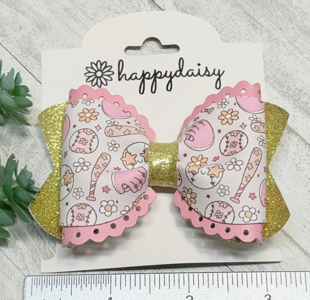 Pink & Gold Softball Bow 3"